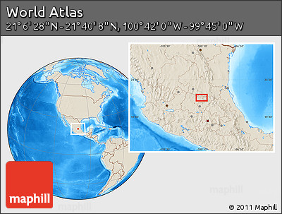 Shaded Relief Location Map of the Area around 21° 23' 18" N, 100° 13' 29" W