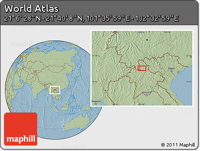 Savanna Style Location Map of the Area around 21° 23' 18" N, 102° 4' 29" E, hill shading
