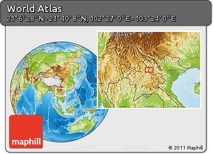 Physical Location Map of the Area around 21° 23' 18" N, 102° 55' 30" E
