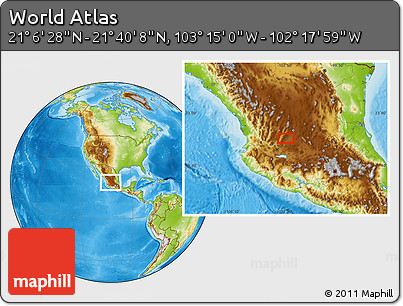Physical Location Map of the Area around 21° 23' 18" N, 102° 46' 30" W