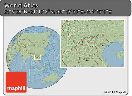 Savanna Style Location Map of the Area around 21° 23' 18" N, 103° 46' 30" E, hill shading