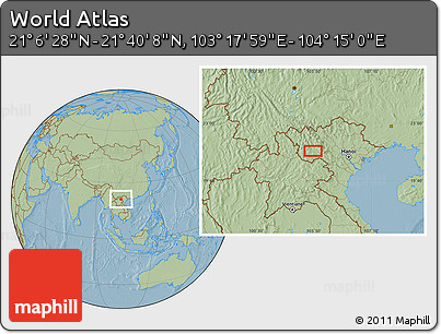 Savanna Style Location Map of the Area around 21° 23' 18" N, 103° 46' 30" E, hill shading