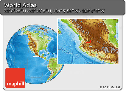 Physical Location Map of the Area around 21° 23' 18" N, 103° 37' 30" W