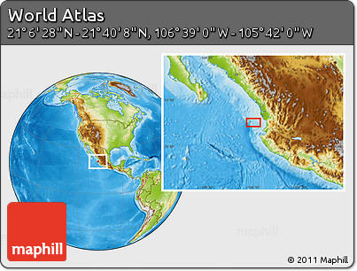 Physical Location Map of the Area around 21° 23' 18" N, 106° 10' 30" W