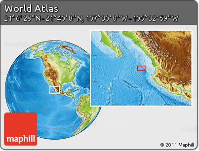 Physical Location Map of the Area around 21° 23' 18" N, 107° 1' 30" W