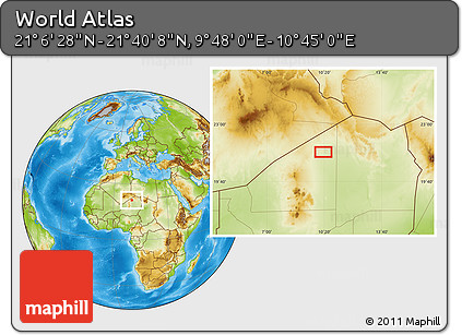 Physical Location Map of the Area around 21° 23' 18" N, 10° 16' 30" E