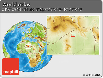 Physical Location Map of the Area around 21° 23' 18" N, 10° 16' 30" E