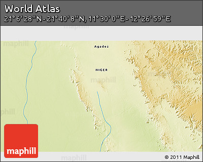 Physical 3D Map of the Area around 21° 23' 18" N, 11° 58' 29" E