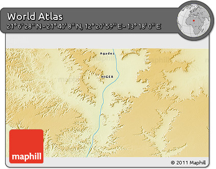 Physical 3D Map of the Area around 21° 23' 18" N, 12° 49' 29" E