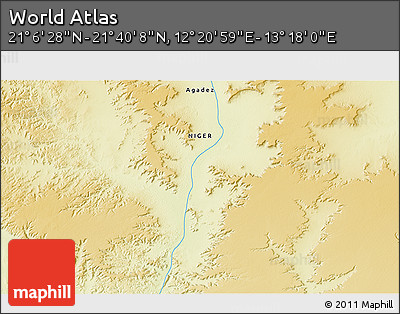 Physical 3D Map of the Area around 21° 23' 18" N, 12° 49' 29" E