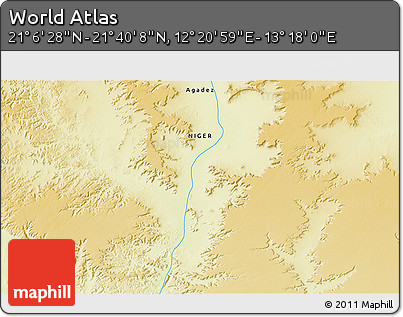 Physical 3D Map of the Area around 21° 23' 18" N, 12° 49' 29" E