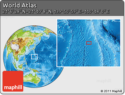 Physical Location Map of the Area around 21° 23' 18" N, 140° 19' 29" E