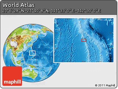 Physical Location Map of the Area around 21° 23' 18" N, 142° 1' 30" E