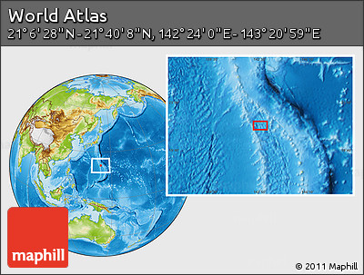 Physical Location Map of the Area around 21° 23' 18" N, 142° 52' 30" E