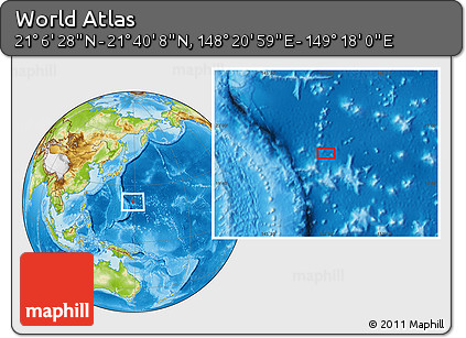 Physical Location Map of the Area around 21° 23' 18" N, 148° 49' 29" E
