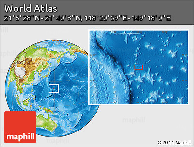 Physical Location Map of the Area around 21° 23' 18" N, 148° 49' 29" E