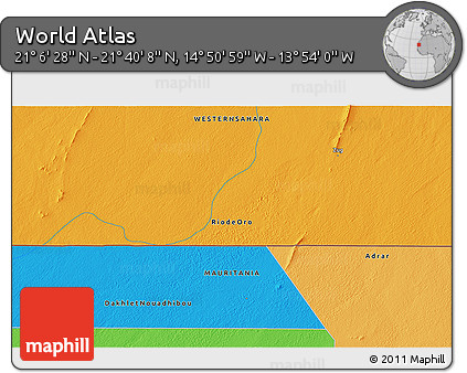 Political 3D Map of the Area around 21° 23' 18" N, 14° 22' 30" W