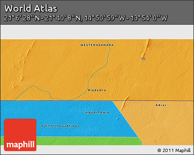 Political 3D Map of the Area around 21° 23' 18" N, 14° 22' 30" W