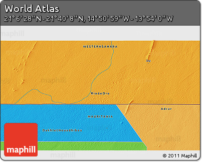 Political 3D Map of the Area around 21° 23' 18" N, 14° 22' 30" W