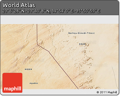 Satellite 3D Map of the Area around 21° 23' 18" N, 15° 22' 30" E