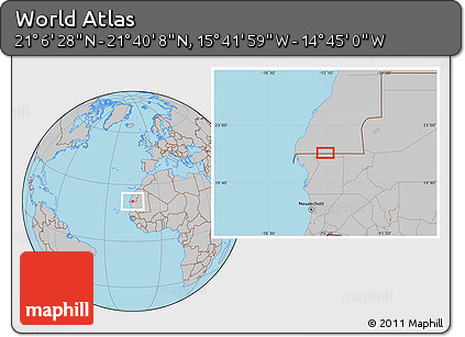 Gray Location Map of the Area around 21° 23' 18" N, 15° 13' 29" W