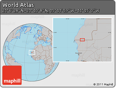 Gray Location Map of the Area around 21° 23' 18" N, 15° 13' 29" W
