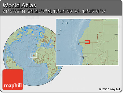 Savanna Style Location Map of the Area around 21° 23' 18" N, 15° 13' 29" W, hill shading