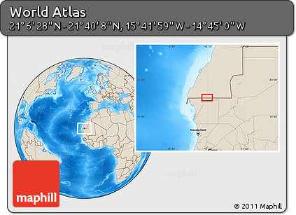 Shaded Relief Location Map of the Area around 21° 23' 18" N, 15° 13' 29" W