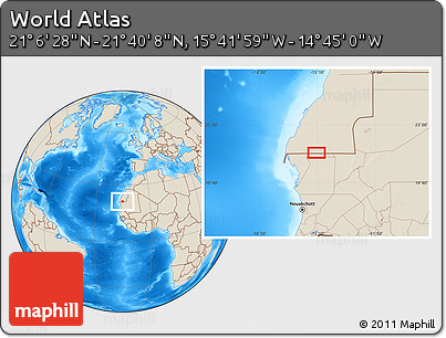 Shaded Relief Location Map of the Area around 21° 23' 18" N, 15° 13' 29" W