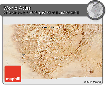 Satellite 3D Map of the Area around 21° 23' 18" N, 16° 13' 30" E
