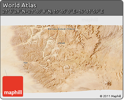 Satellite 3D Map of the Area around 21° 23' 18" N, 16° 13' 30" E
