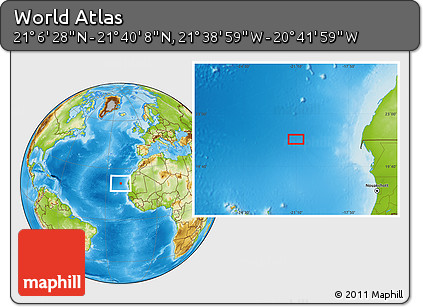 Physical Location Map of the Area around 21° 23' 18" N, 21° 10' 29" W