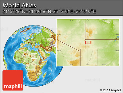 Physical Location Map of the Area around 21° 23' 18" N, 25° 34' 30" E