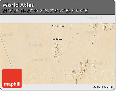 Satellite 3D Map of the Area around 21° 23' 18" N, 2° 37' 30" E