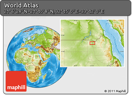 Physical Location Map of the Area around 21° 23' 18" N, 33° 13' 30" E