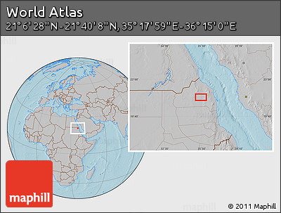 Gray Location Map of the Area around 21° 23' 18" N, 35° 46' 29" E, hill shading