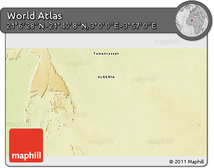 Physical 3D Map of the Area around 21° 23' 18" N, 3° 28' 30" E