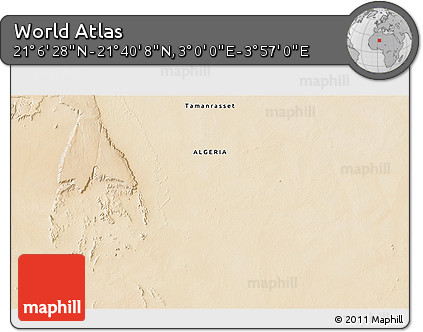 Satellite 3D Map of the Area around 21° 23' 18" N, 3° 28' 30" E