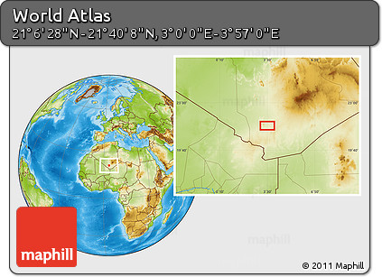 Physical Location Map of the Area around 21° 23' 18" N, 3° 28' 30" E