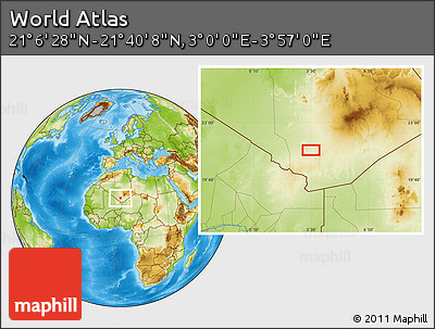 Physical Location Map of the Area around 21° 23' 18" N, 3° 28' 30" E