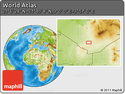 Physical Location Map of the Area around 21° 23' 18" N, 3° 28' 30" E
