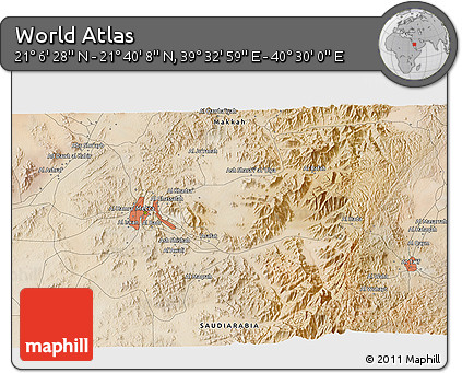 Satellite 3D Map of the Area around 21° 23' 18" N, 40° 1' 29" E