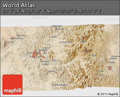 Satellite 3D Map of the Area around 21° 23' 18" N, 40° 1' 29" E