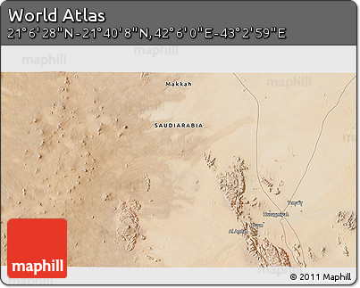 Satellite 3D Map of the Area around 21° 23' 18" N, 42° 34' 30" E