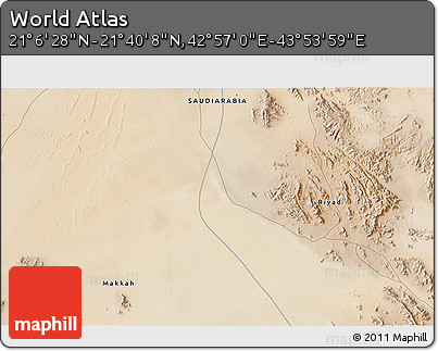 Satellite 3D Map of the Area around 21° 23' 18" N, 43° 25' 29" E