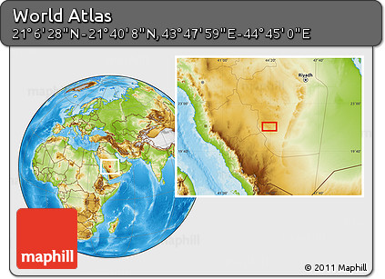 Physical Location Map of the Area around 21° 23' 18" N, 44° 16' 29" E