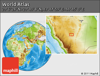 Physical Location Map of the Area around 21° 23' 18" N, 44° 16' 29" E