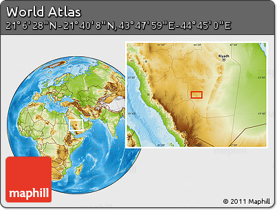 Physical Location Map of the Area around 21° 23' 18" N, 44° 16' 29" E