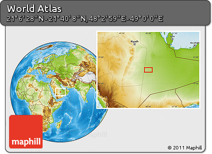 Physical Location Map of the Area around 21° 23' 18" N, 48° 31' 29" E