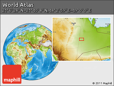 Physical Location Map of the Area around 21° 23' 18" N, 48° 31' 29" E